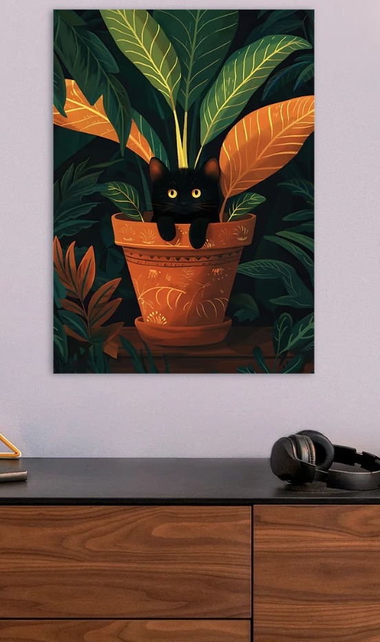 Black Cat in a Potted Plant — metal poster wall art by Lineer